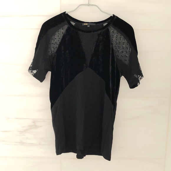 Maje Tops - Maje Velvet and Mesh Dot Short Sleeve Top